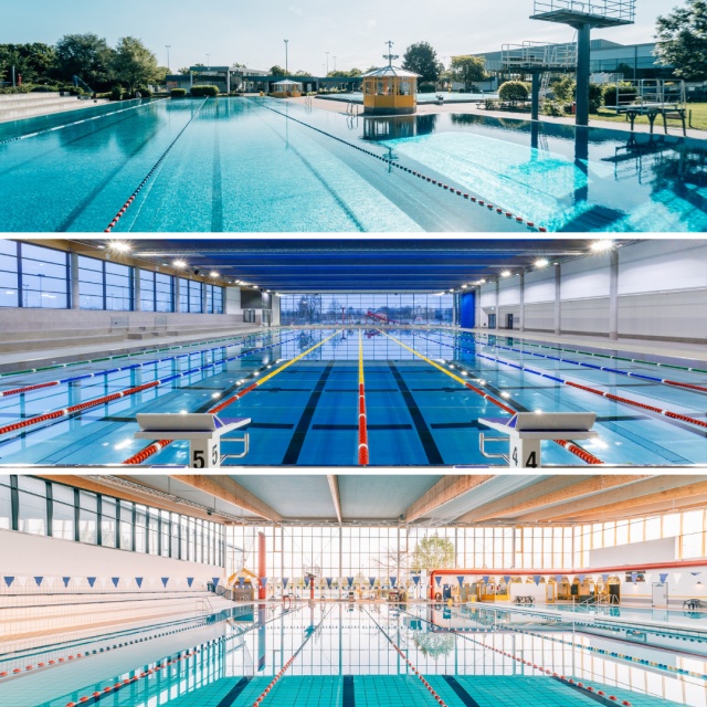 Grafik mit drei Fotos: Schwimmerbecken im Freibad, 50-Meter-Becken im Rheinbad 50 sowie das Schwimmerbecken im Rheinbad 33