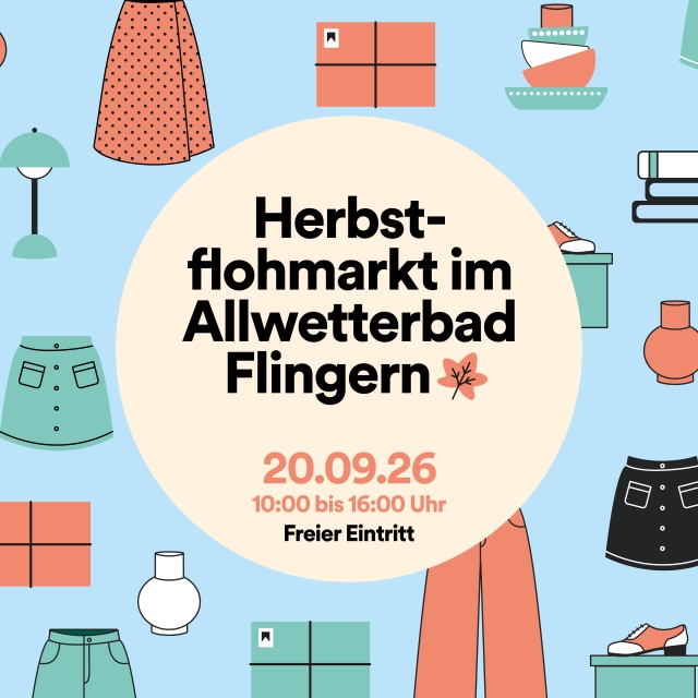 Werbegrafik zum Herbstflohmarkt im Allwetterbad Flingern am 19.04.2026 von 10 bis 16 Uhr. Der Eintritt für Käufer ist frei.