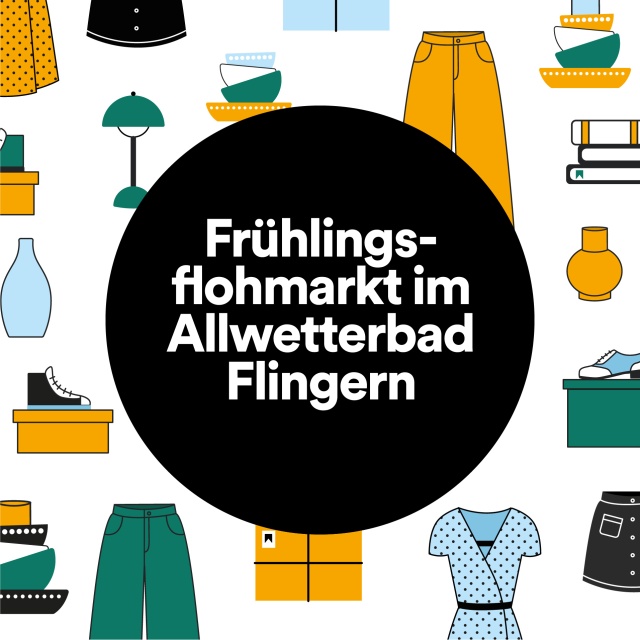 Werbegrafik zum Frühlingsflohmarkt im Allwetterbad Flingern am 19.04.2026 von 10 bis 16 Uhr. Der Eintritt für Käufer ist frei.