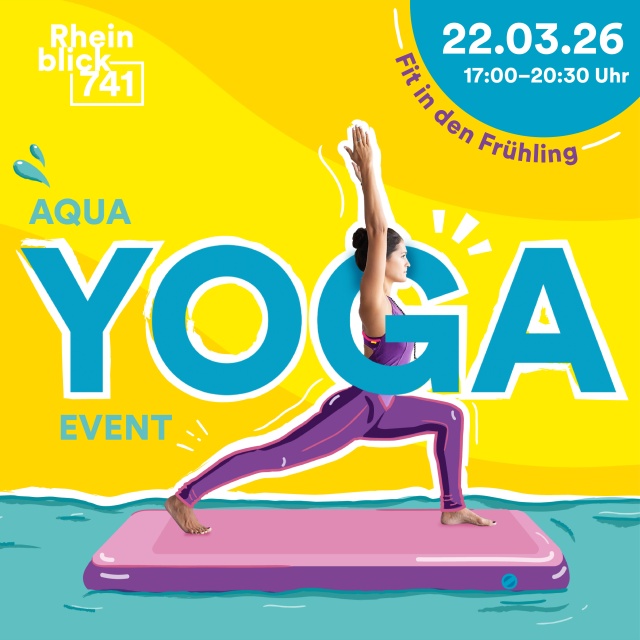 Frau macht Yoga auf einem Board im Wasser - Ankündigung zum Aqua Yoga Event im Rheinblick 741.