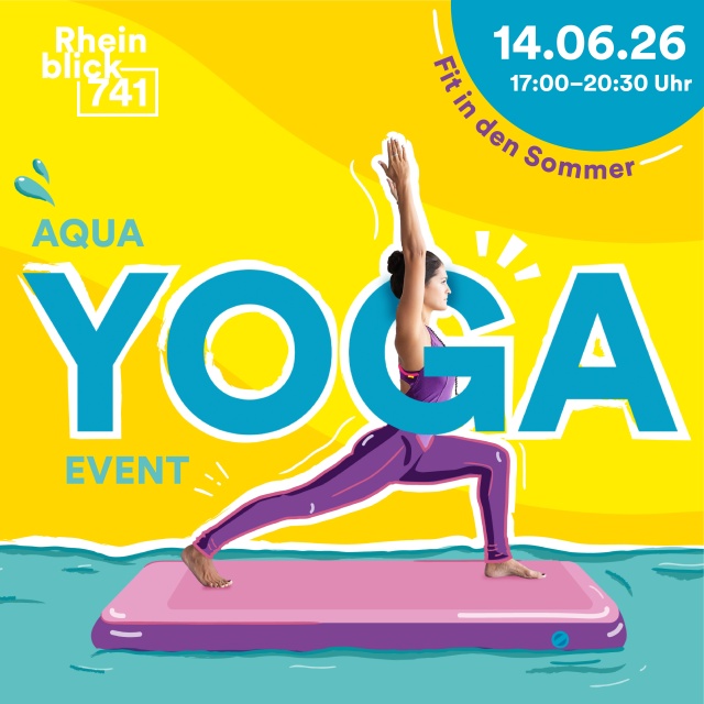 Frau macht Yoga auf einem Board im Wasser - Ankündigung zum Aqua Yoga Event im Rheinblick 741.